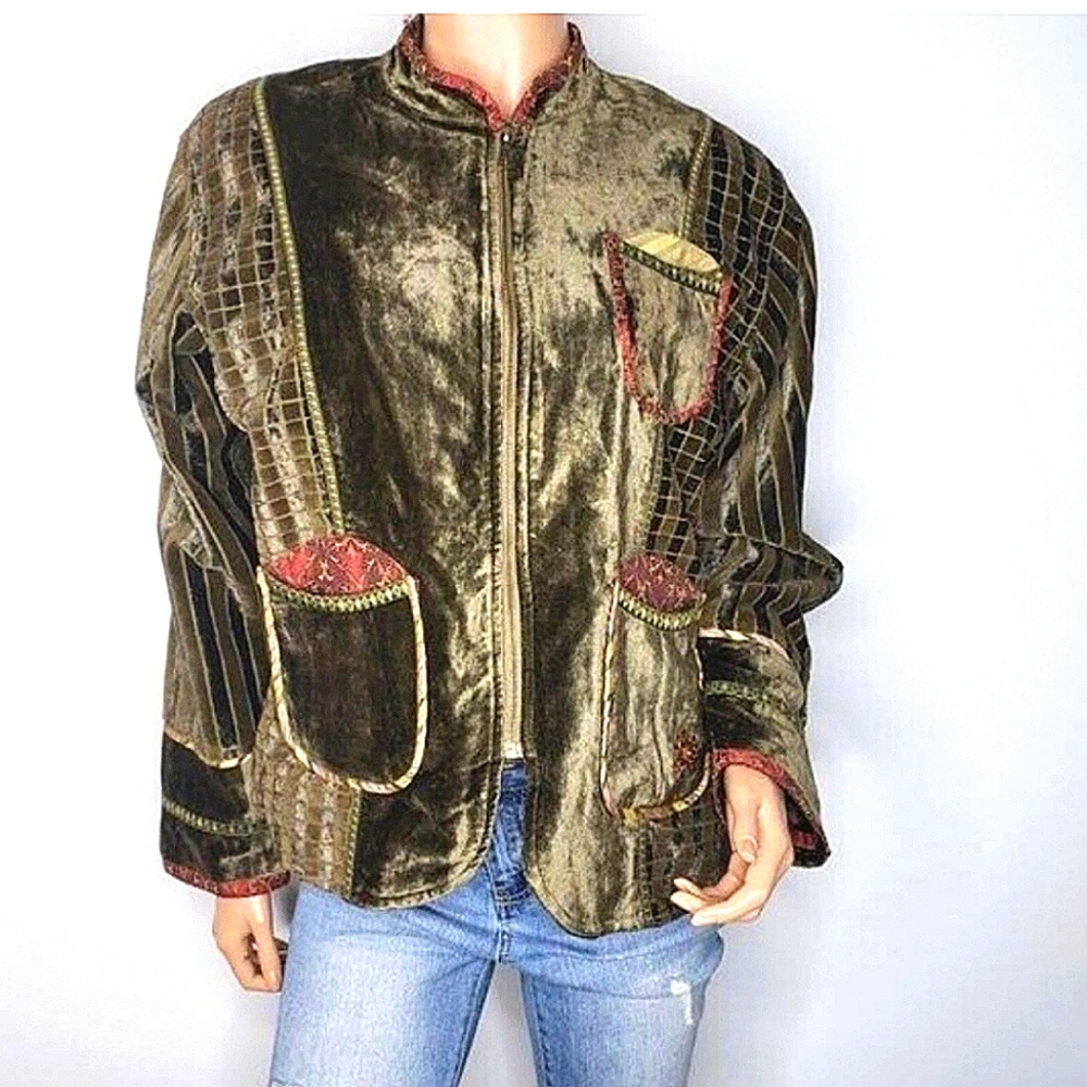 NWOT Lined Full-Zip Green Moss Velvet Embroidered Jacket